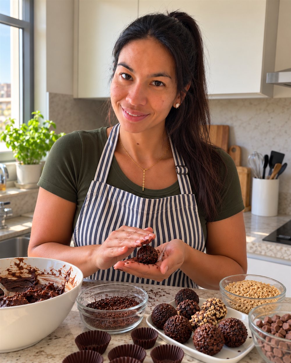 Carol de avental listrado enrolando brigadeiros na bancada da cozinha, com tigelas de granulados e brigadeiros prontos