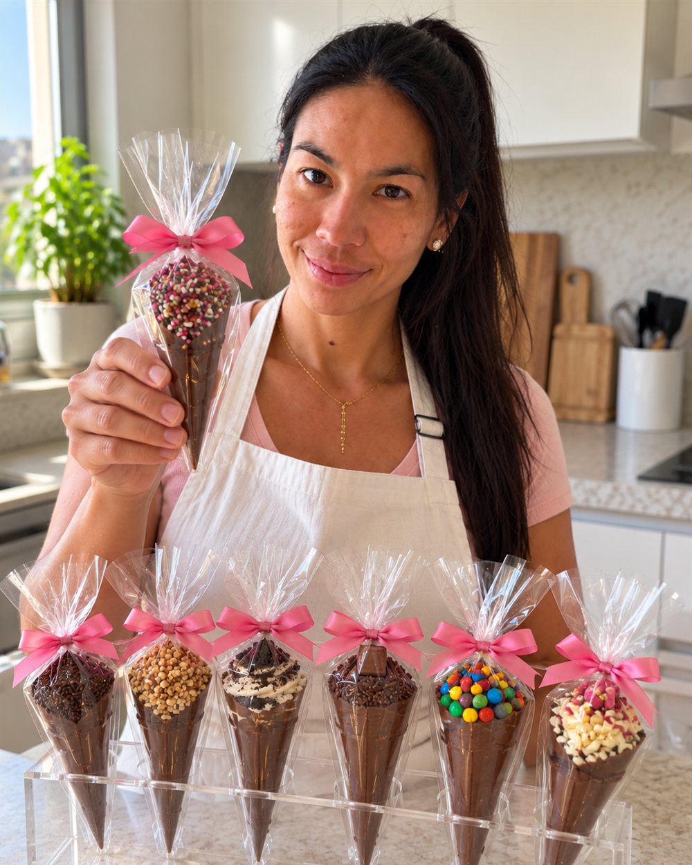 Carol de avental branco sorrindo segurando um cone trufado embalado com laço rosa, com bandeja de cones trufados na cozinha