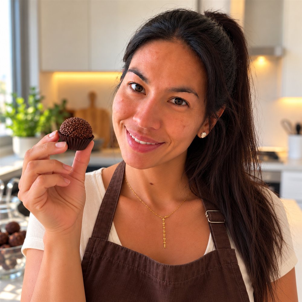 Retrato de Carol de avental marrom sorrindo e segurando um brigadeiro em sua cozinha