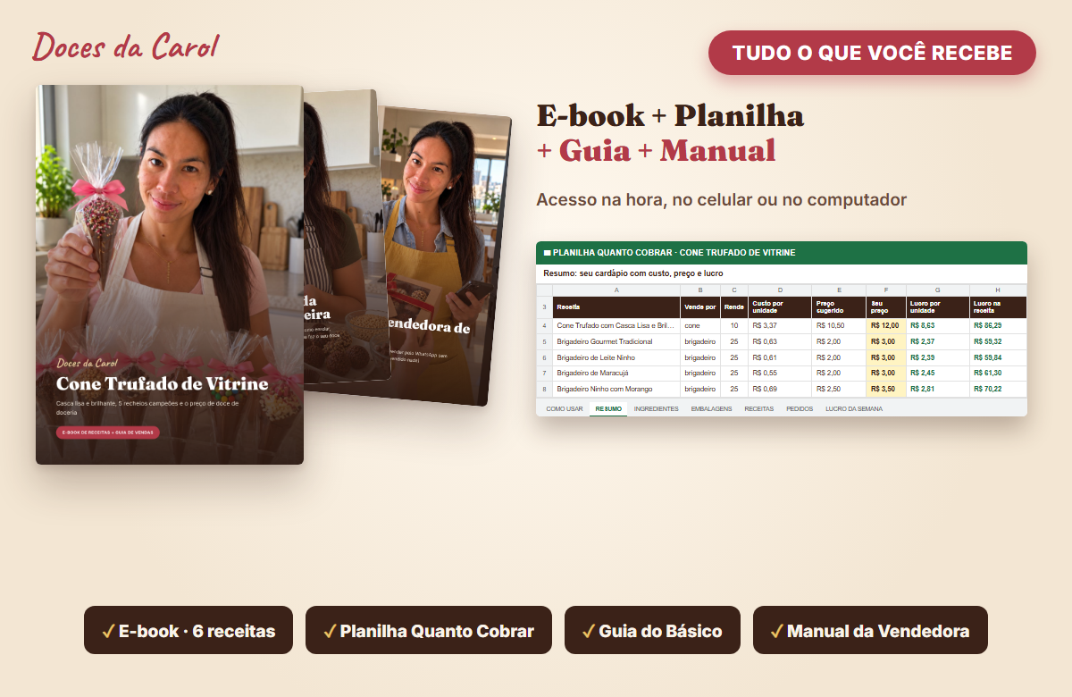 Prints de todos os materiais do kit: e-book Cone Trufado de Vitrine, planilha Quanto Cobrar, Guia do Básico da Confeitaria Caseira e Manual da Vendedora de Doces