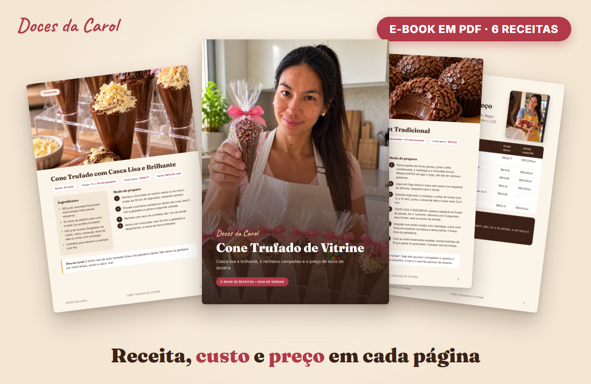 Páginas do e-book Cone Trufado de Vitrine com receita, custo e preço de cada doce
