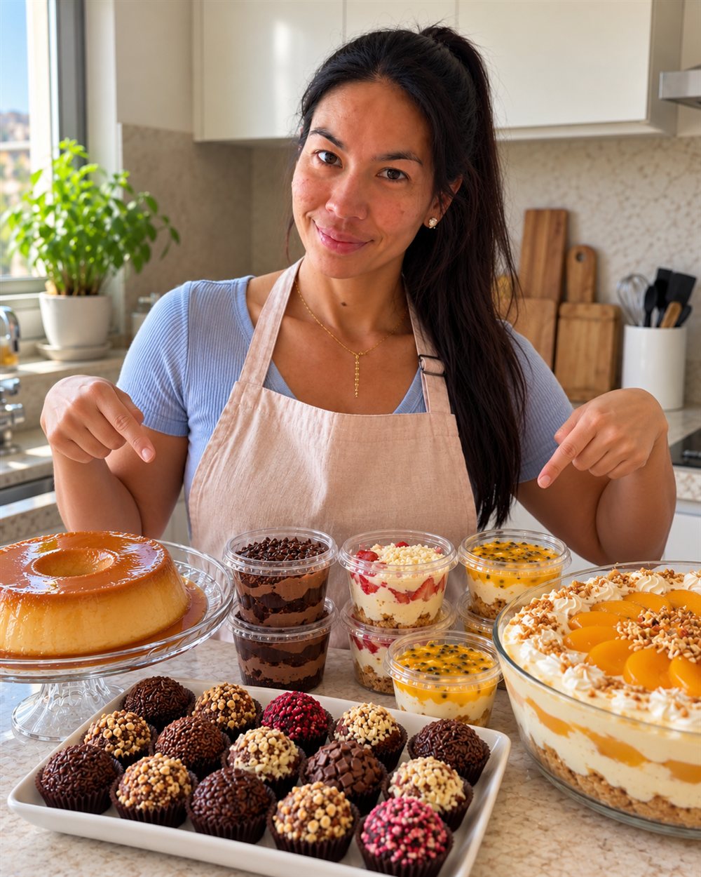 Carol apresentando bandeja de brigadeiros, pudim, copos de sobremesa e torta feitos em sua cozinha